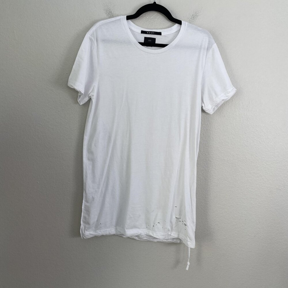Ksubi Shirt Mens Small White Distressed Longline Tee‎ Drawstring Hem Streetwear